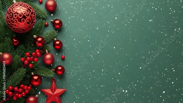 Obraz Festive christmas arrangement with red ornaments and evergreen branch on dark background