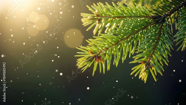 Obraz Winter snowfall among evergreen branches with soft golden sunlight filtering through