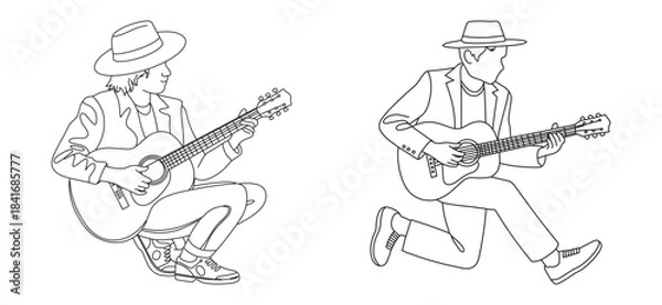 Obraz Guitar Player Line Art in Squatting and Kneeling Poses