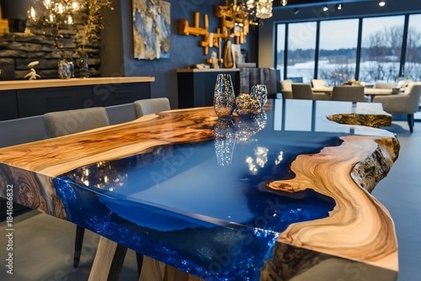 Fototapeta Epoxy resin river table, sleek and artistic, combines natural wood with clear blue resin, showcasing glossy finish and intricate details.