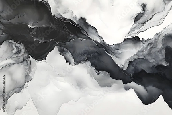 Fototapeta Fluid art creation showcases black and white abstract ink mixing for stunning background textures.