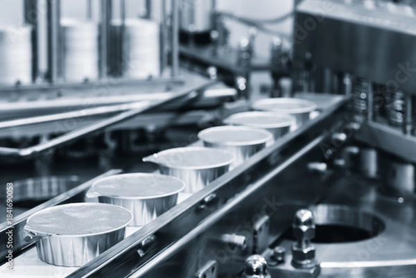 Obraz Industrial belt conveyor for the production and packaging of food products in plastic and metallized can packaging, industrial concept background