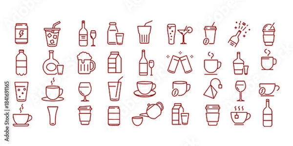 Fototapeta Vector monochrome line icon set about drinks