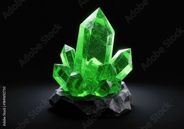Obraz Vibrant green crystal cluster on dark gray rock formation with sharp faceted surfaces reflecting light on black background