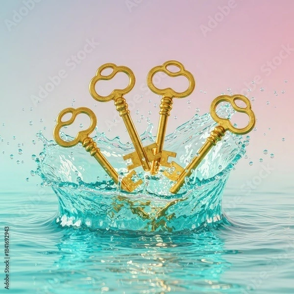 Obraz Golden antique keys submerged in splashing turquoise water with pastel background