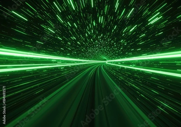 Obraz Green light trails radiate outward in all directions from a central point in a dark space creating a sense of speed and futuristic technology