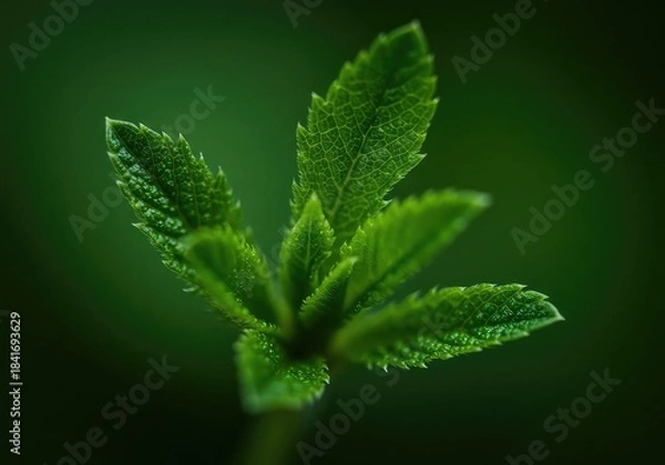 Obraz Closeup of vibrant green plant with dew drops on serrated leaves against dark blurred background
