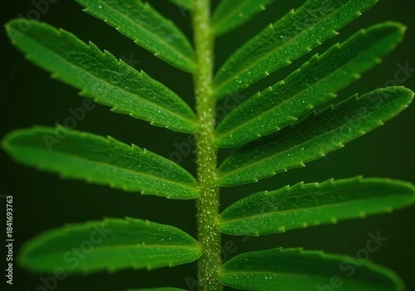 Obraz Closeup of green fern leaf with serrated edges on dark background with soft natural lighting