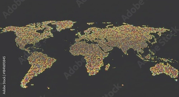 Obraz Vibrant multicolored pixelated world map on dark background with colorful dots forming continents and countries in detailed representation