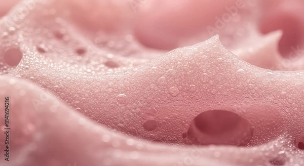 Obraz Closeup of pink soap bubbles with water droplets on surface in soft natural light