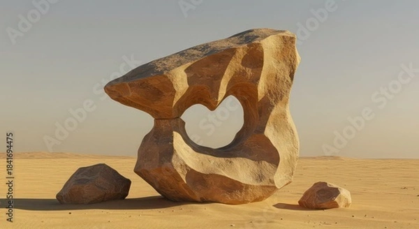 Obraz Large unique heart shaped hole rock formation in desert landscape with sand and clear sky