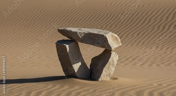 Obraz Large gray stone sculpture standing alone in desert sand with ripples