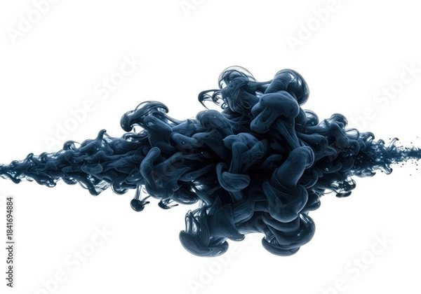 Obraz Dark blue ink cloud spreading rapidly in water on white background with soft lighting creating a mesmerizing fluid motion