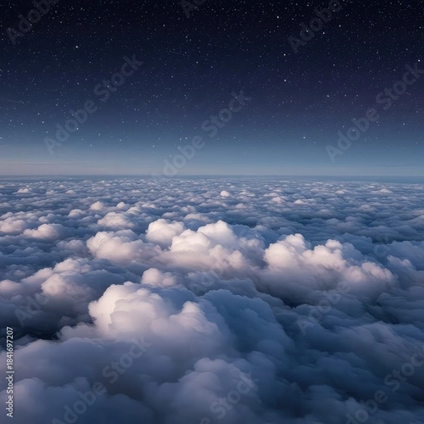 Obraz Aerial view of fluffy white clouds under a starry night sky with dark blue and purple hues