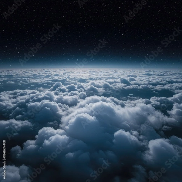 Obraz Nighttime aerial view of fluffy white clouds under starry sky with moonlight shining through