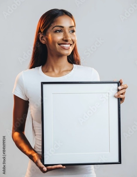 Obraz Beautiful Asian Woman Holding Blank Square Frame Mockup Approval Gesture