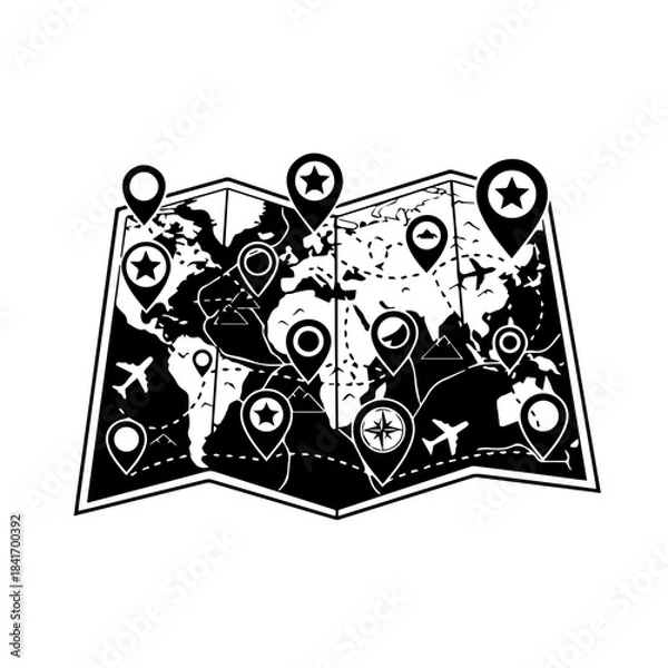 Fototapeta World Map Navigation: A stylized world map, adorned with pin markers, stars, compasses, and airplane symbols, illustrates the concepts of global travel and exploration.