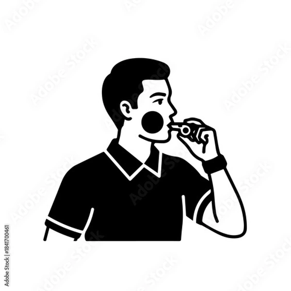 Fototapeta Whistle Gesture: A monochrome illustration of a referee blowing a whistle, a symbol of authority, direction, and the moment of a call. 