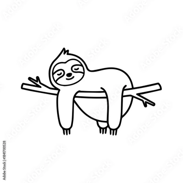 Fototapeta Sloth Resting on Branch: A charming illustration of a sloth gracefully reclining on a tree branch, embodying serenity and relaxation in a simplified, yet endearing, line art style.