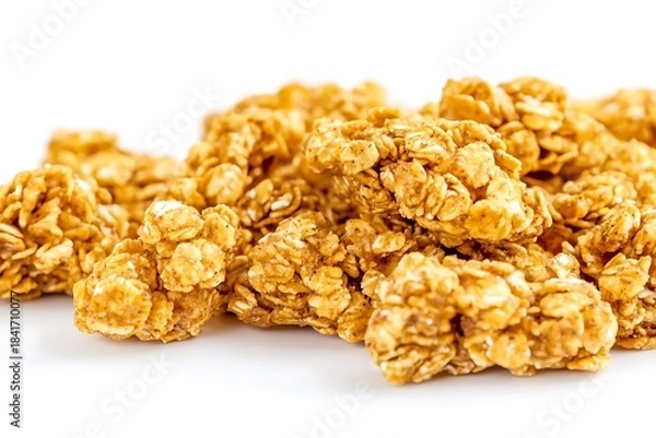 Fototapeta Golden-brown granola clusters, rich in detail, perfectly arranged on a bright white background, sharp focus for an organic snack advertisement.