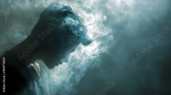 Fototapeta human silhouette dissolving into smoke, concept of losing self in anxiety, moody cinematic composition, 