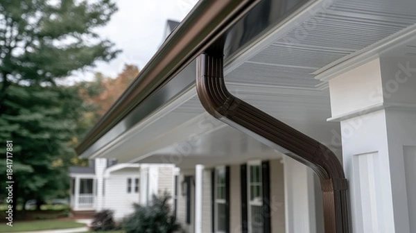 Fototapeta Gutter system installation on a residential home during autumn