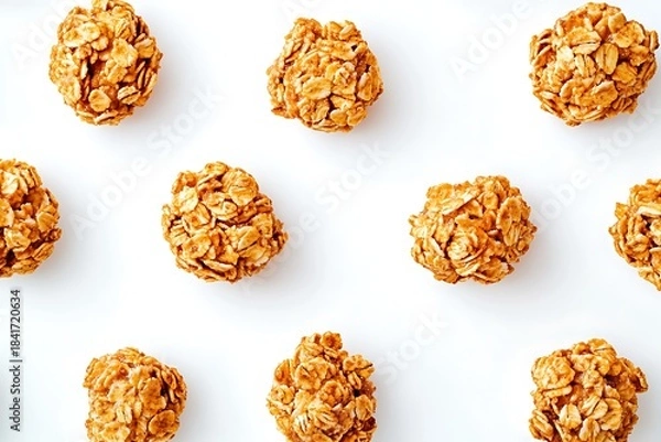 Fototapeta Golden-brown granola clusters, rich in detail, perfectly arranged on a bright white background, sharp focus for an organic snack advertisement.