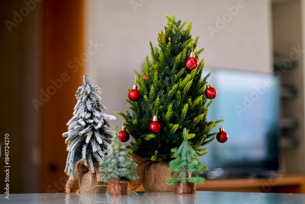 Obraz Modern appartment with 4 tiny christmas trees.