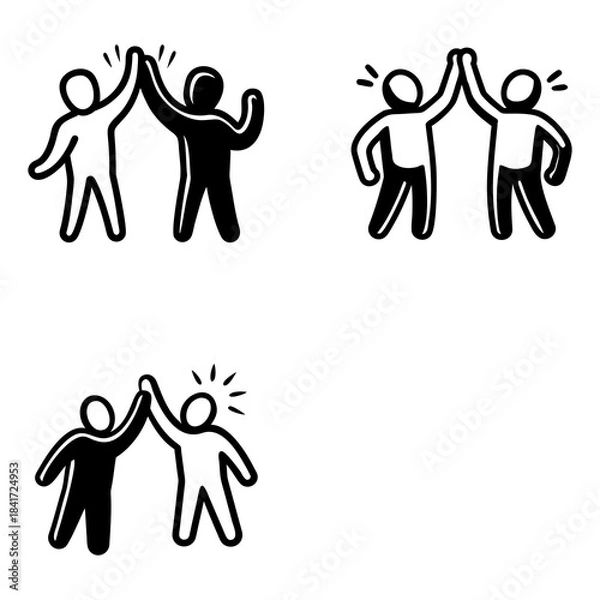 Fototapeta Three black-and-white stick figure illustrations depict two figures giving a high-five. Each panel shows