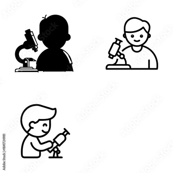 Fototapeta Three outline illustrations of a person using a microscope. The first image is a solid silhouette