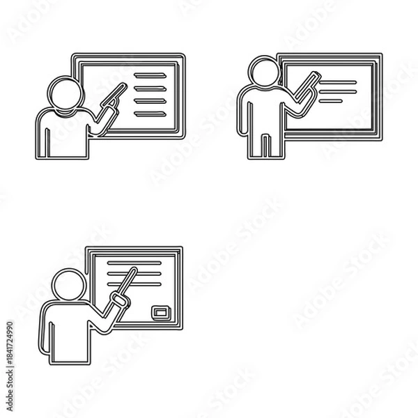 Fototapeta Three black and white outline icons depict figures interacting with chalkboards or whiteboards