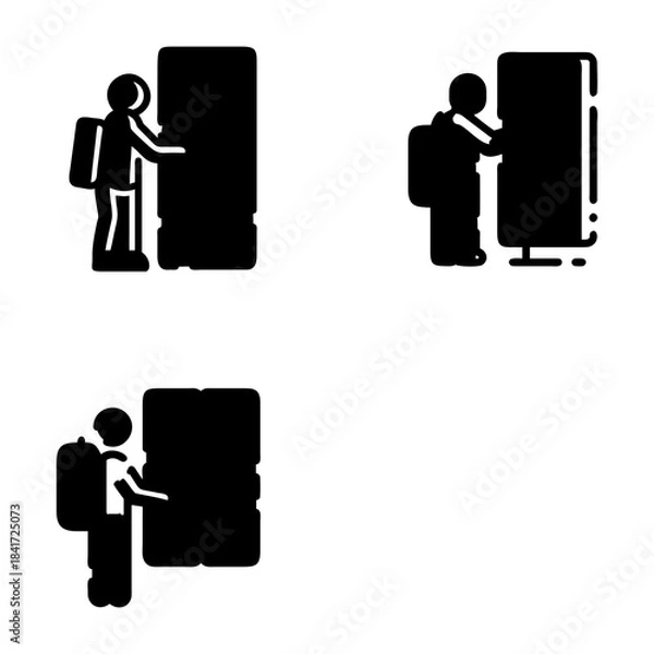 Fototapeta Three silhouetted figures with backpacks interact with refrigerators. Each figure is positioned