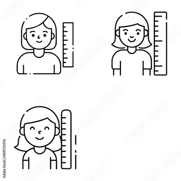 Fototapeta Three outlined illustrations of people next to vertical rulers. Each person has a distinct hairstyle