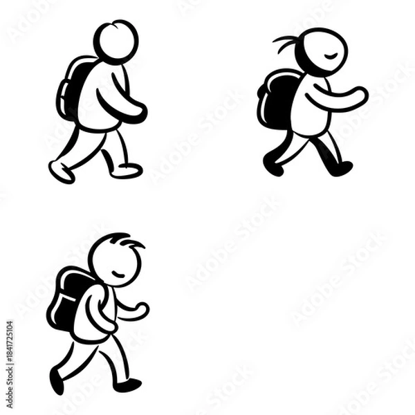 Fototapeta Three simple stick figure illustrations depict people walking with backpacks. Each figure is shown in profile