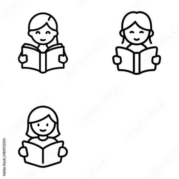 Fototapeta Three simple black-and-white outline illustrations of people reading books. Each character is depicted