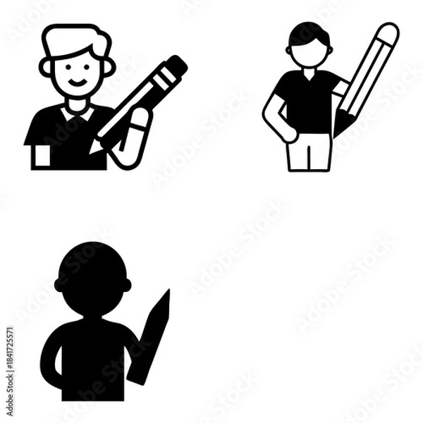 Fototapeta Three black and white illustrations depict male figures holding oversized pencils. The top left shows a smiling characte