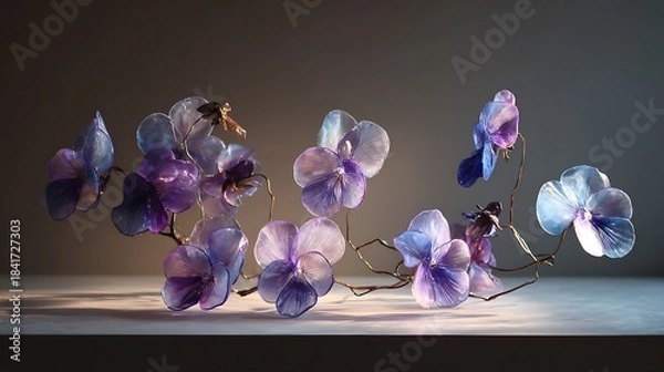 Fototapeta Delicate handmade glass pansy flowers on a thin wire branch, illuminated with soft lighting against a dark, moody background, artistic floral sculpture