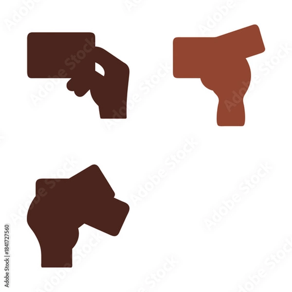 Fototapeta Three silhouetted hand icons in varying shades of brown are seen holding different card-like objects