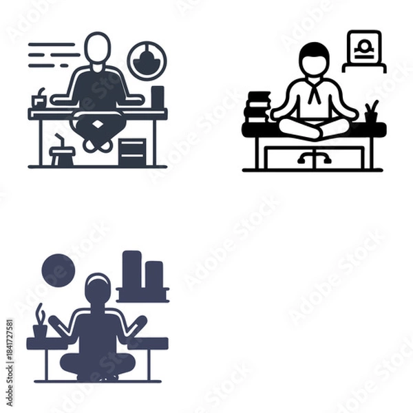 Fototapeta Three minimalist illustrations depict individuals meditating at desks. Top left features a silhouette with a laptop