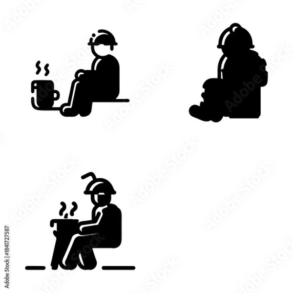 Fototapeta Silhouetted icons of a person in a hard hat sitting next to a steaming beverage. The minimalistic black design