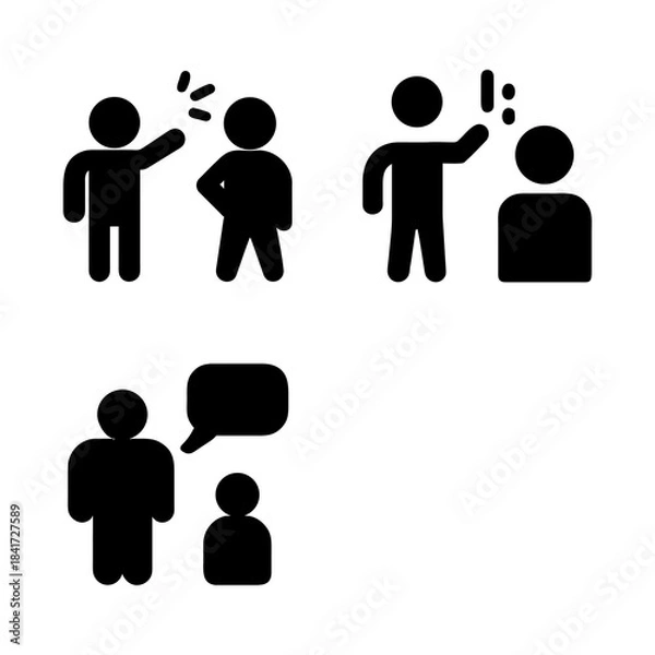 Fototapeta Three black silhouette icons depict interactions between people. The first shows two figures