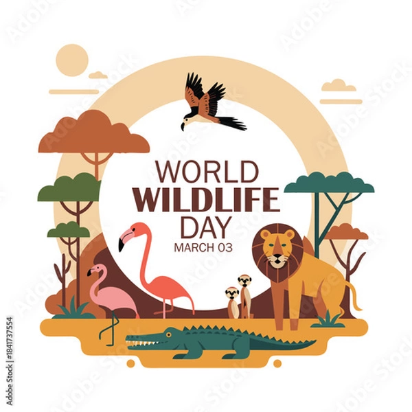 Fototapeta World Wildlife Day concept with animals in the forest. Modern flat vector illustration. Web banner template.