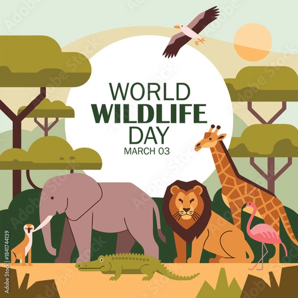 Fototapeta World Wildlife Day concept with animals in the forest. Modern flat vector illustration. Web banner template.