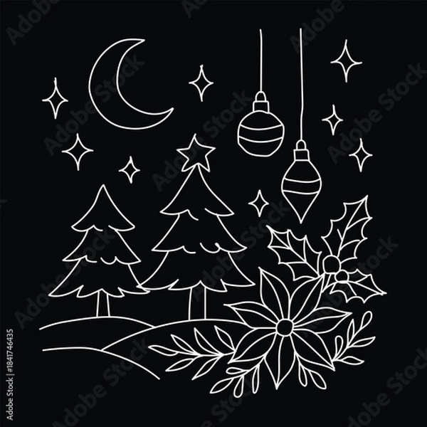 Obraz Merry Christmas holiday card vector illustration: green pine tree design with snow pattern and star decoration