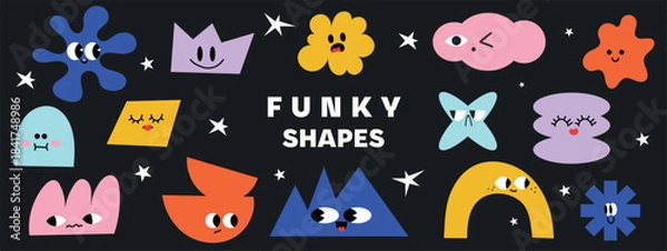 Obraz Abstract vector shape collection featuring retro geometric icons, vibrant stickers, flowers, and trendy groovy elements for creative backgrounds and posters.
