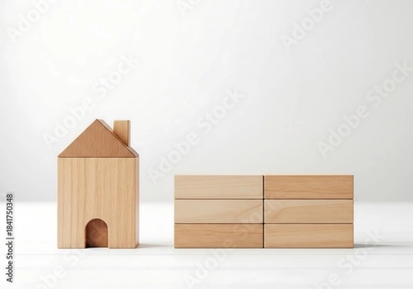 Fototapeta Minimalist Wooden Toy House and Building Blocks on White for Real Estate and Construction Concepts