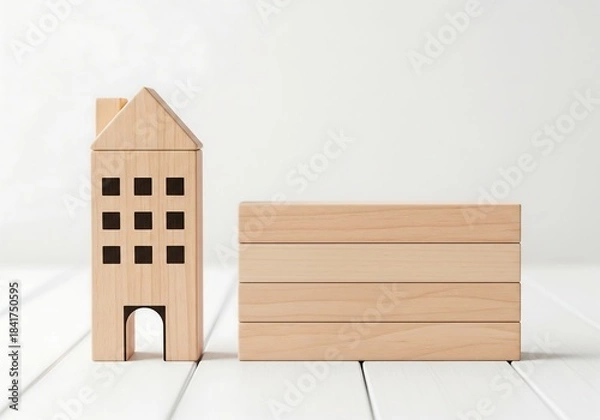 Fototapeta Minimalist Wooden Toy House and Building Blocks on White Table, Symbolizing Real Estate, Home Building, and Investment