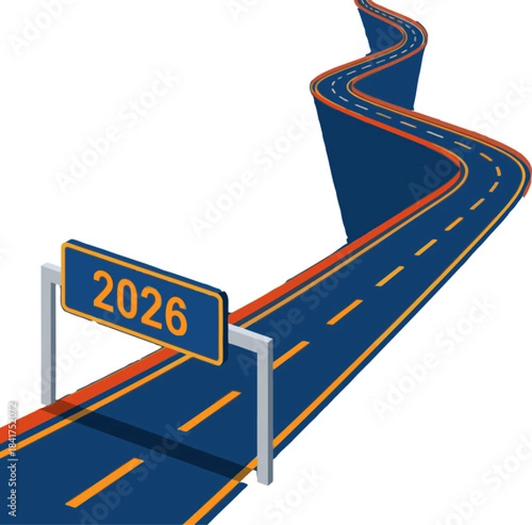 Fototapeta A dynamic road leads to 2026, symbolizing progress and future goals. Bold colors and a clear composition create a visually engaging design suitable for business and motivational content.