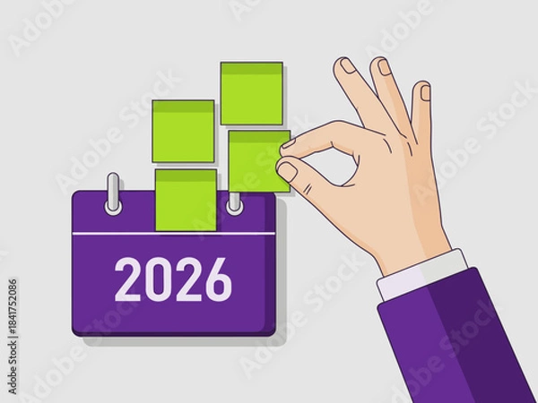 Fototapeta A hand adjusts sticky notes on a calendar for 2026, symbolizing planning and future goals. Modern, minimalist illustration with a professional touch.
