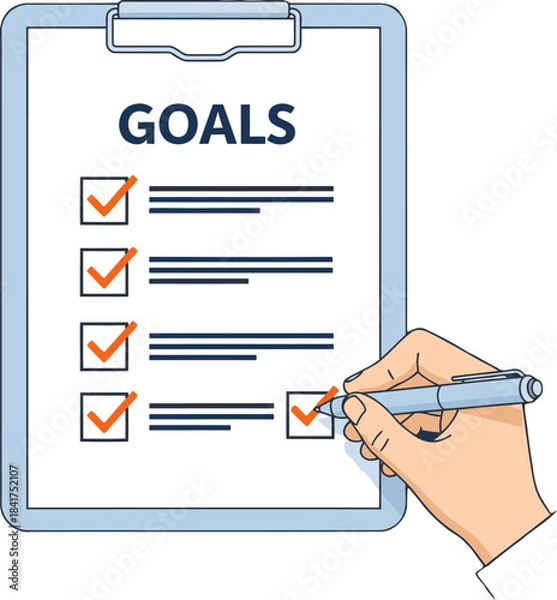Fototapeta A hand checks off goals on a clipboard, symbolizing achievement and productivity. Clean, modern design with a bright background. Perfect for business and motivation visuals.
